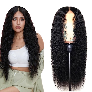 26 Inch Long Curly Lace Front Wigs Deep Wave Human Hair Wig Lace Closure Wigs High Definition Transparent Lace Frontal Wigs for Black Women Middle Natural