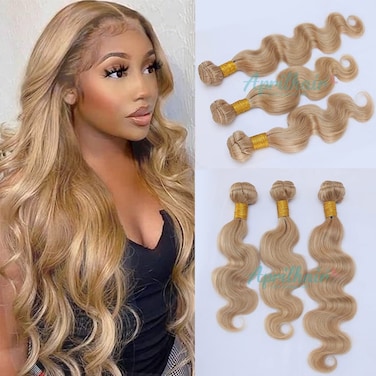 8A Machine Double Weft Raw Brazilian Virgin Human Hair Extensions Honey Blonde #27 Body Wave 3 Bundles (16 18 20)