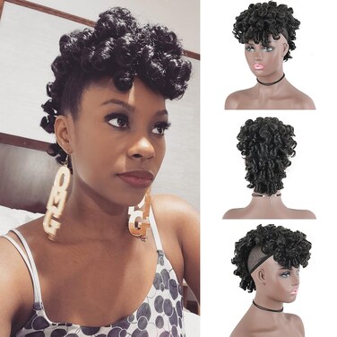 Short Curly Mohawk Wig Mohawk Hair Clip in Hair Extension Nature Black Mohawk Wigs for Black Women, Deep Wave Mohawk Ponytail Wig with Bangs Faux Hawk Hairpieces for Women Girls (2#)
