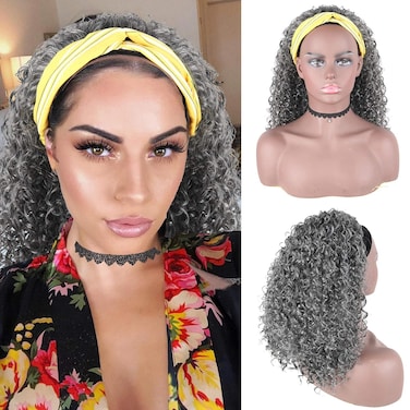 Aisaide Short Afro Kinky Curly Grey Headband Wigs for Black Women,Synthetic Curly Headband Wig Afro Curly Wave Deep Wave Black Headband Wig Wrap Wig with Headbands Attached Scarf Wig 16inch(1B/GREY)