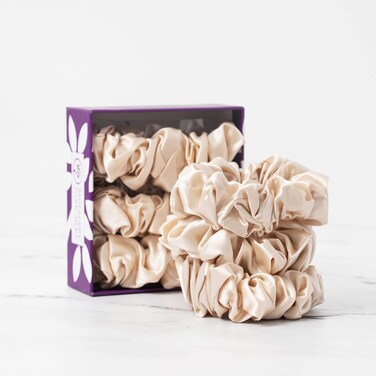 Mulberry Park Silks 100% Pure Silk Scrunchies, 3 Pack - Prevents Frizz, Reduces Breakage, Gentle On All Hair Types, Hair Accessories - Large (Sand)