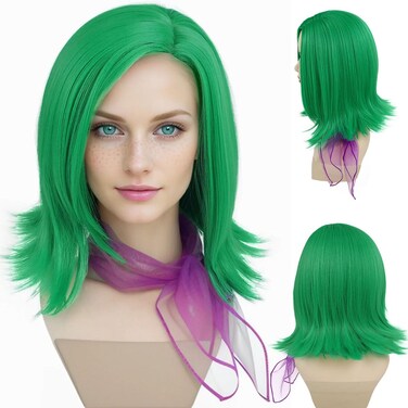 GNIMEGIL 16 Inches Disgust Wigs with Scarf Green Cosplay Wig Short Hair Costume Wigs for Women Dress Up Wig for Anime Cartoon Carnival Party Wig for Halloween