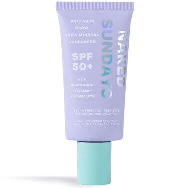 Naked Sundays SPF50+ 100% Mineral Glow Sunscreen, Daily Hydrating Facial Moisturizer &amp; Primer with Zinc Oxide &amp; Vegan Collagen, Sheer Tint, Broad Spectrum SPF Mineral Lotion (50ml)