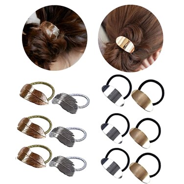 12 Pack Metal Leaf Hair Band Rope Elastic Hair Ties Hair Cuff Wrap Ponytail Holder -2 Styles Gold and Silver