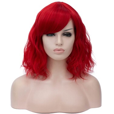 BUFASHION 14" Women Short Wavy Curly Wig Red Bob Wig Cosplay Halloween Synthetic Wigs with Side Bang Wig(Red)