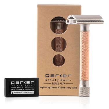 The Parker Variant Adjustable Double Edge Safety Razor, Customize Your Shave with a Turn of The Dial from Mild to Aggressive - 5 Blades Included (Rose Gold)