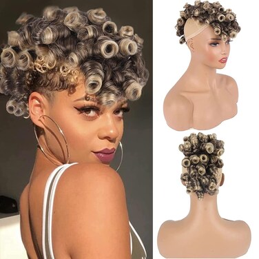 Short Curly Afro Puff Clip in Ponytail Faux Mohawk Synthetic Deep Curly Black Hair Piece with Bangs (4/613#)