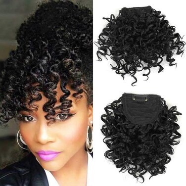 G&amp;T Wig Curly Bangs for Black Women Short Afro Kinky Curly Bangs Clip in Bangs(1B,single bangs)
