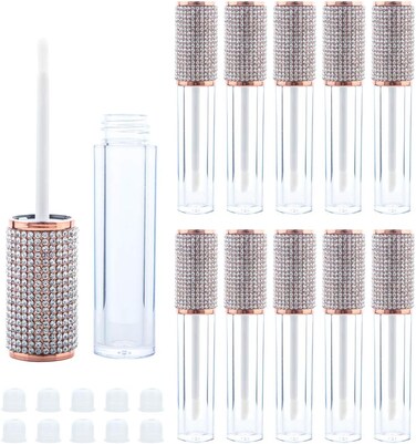 10 Pack Diamond Lip Gloss Wand Tubes, 5ml Empty Containers, Lip Balm Bottles with Rubber Stoppers for Cosmetic Business (Crystal Rhinestone)