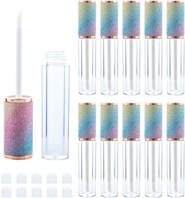 10 Pack Sparkles Rainbow Lip Gloss Wand Tubes, 5ml Empty Lip Gloss Containers, Lipgloss Lip Balm Bottles with Rubber Stoppers for Lip Gloss Balm Cosmetic Business (Sparkles Rainbow)