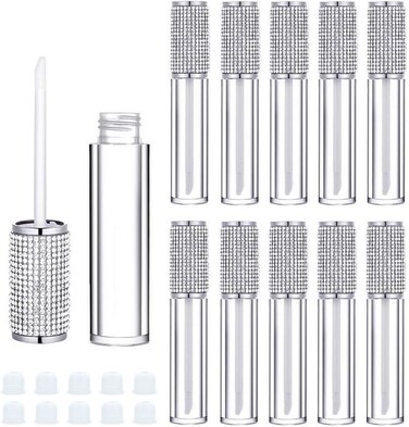 10 Pack Crystal Rhinestone Lip Gloss Wand Tubes, 5ml Empty Lip Gloss Containers, Lipgloss Lip Balm Bottles with Rubber Stoppers for DIY Lip Glaze Balm Cosmetic Business (Silver Diamond)