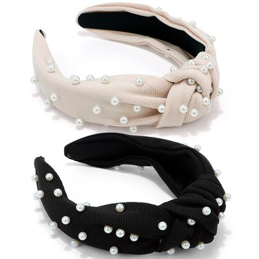 Pearl Knotted Headbands: 2Pcs Black Beaded Jeweled Embellished Hair Accessories Gift for Women