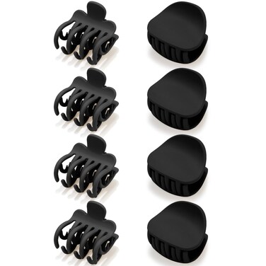 Black Small Double Row Matte Hair Claws - 8 Pcs Round Jaw Clips with Teeth for Thick, Fine, Short Hair, Cute Accessories