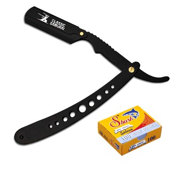New Ergonomic Design Stainless Steel Professional Folding Straight Edge Barber Razor Shavette Manual Shaver with 100 Single Blades (Matte Black + 100 Single Blades)