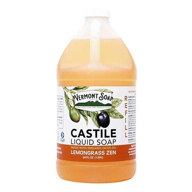 Vermont Castile Lemongrass Zen Soap, Gentle Liquid Soap for Sensitive Skin &amp; Natural Body Wash, Organic Hair Shampoo for Oily Hair, Aloe Castile Soap for Men &amp; Women - 64 Oz