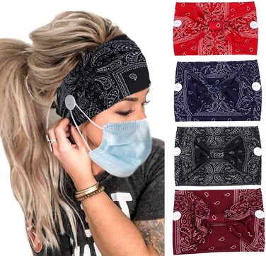 4 Pieces headbands with buttons mask Boho yoga fashion Headband knotted elastic button headband for face mask nurses women masks head bands stretch wide