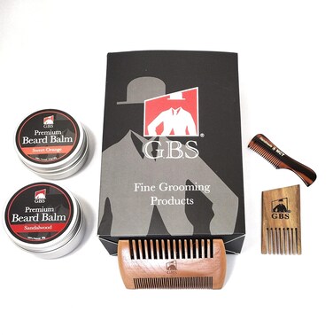 G.B.S Men&rsquo;s Beard Wax Balm and Multi Side Natural Wood Beard Mustache Comb Set, Sweet Orange and Sandalwood Balm