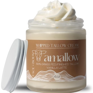 100% Grass Fed Beef Tallow for Skin Care - Face + Body - Whipped Moisturizer - Natural Lotion, 4 FL. oz. (Vanilla Latte)