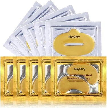 24K Gold Gel Crystal Collagen Lip and Eye Mask, 5 Pairs Gold Eye Mask Patches and 5 Pcs Gold Lip Mask Pads for Moisturizing, Anti Wrinkle, Anti Aging, Hydrating Lips and Eyes