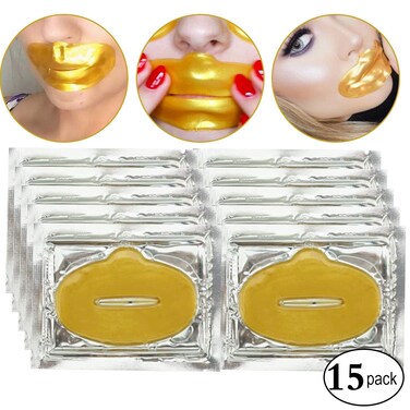 24K Gold Bio Collagen Crystal Lip Mask Gel Pads for Remove Lines, Moisturizing, Anti-Wrinkle, Anti-Aging, Nourishing &amp; Hydrating Lip Mask Sheet Patches (15Pcs/Set)