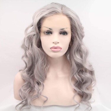 Melody Long Wavy Wigs - Silver Grey Synthetic Lace Front Wigs, Heat Resistant, Ash Platinum, Middle Parting