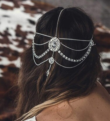 DoubleNine Bohemian Head Chain Bridal Wedding Headpiece Rhinestone Teardrop Headband Crystal Hair Accessories Headpiece Godness Head Dress for Women (silver)