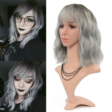 FAELBATY Grey Wigs With Bangs Women's ombre grey Bob Wig Synthetic Cosplay Wig for Girl Costume Wigs (12" Dark Root ombre grey)