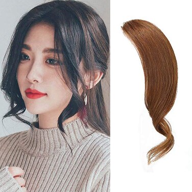 Dsoar 2Pcs Clip in Wave Side Bang Real Human Hair Bang Clip in Bangs Curly Fringe Hair Extension(Light Brown)