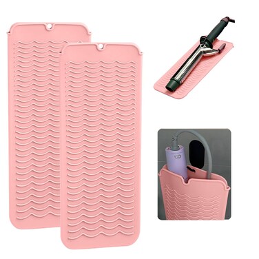 2 Heat Resistant Silicone Mat with Hanging Hole, Straightener Heat Resistant Travel Mat &amp; Pouch for Curling Iron, Flat Iron and Other Hot Hair Styling Tools, 11 x 5 in, Pink