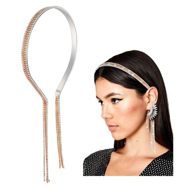 Crystal Tassel Headband for Women Sparkly Rhinestone Fake Earrings Hair Chain Hairhoop Wedding Bridal Bejewelled Hairband for Girls
