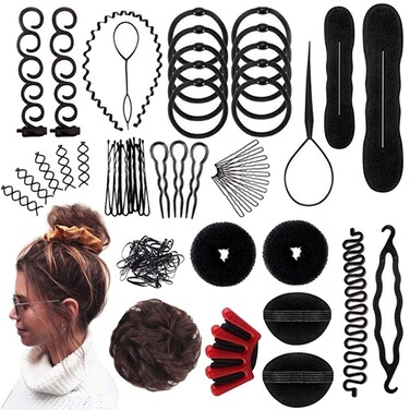 73 pcs Hair Braiding Tool with Brown Hair Wig Bun, Hair Styling Tools Accessories Hair Magic Bun Maker Hair Bun Donut Hair Bobby Pins and Elastic Bands Kit for Women Kids