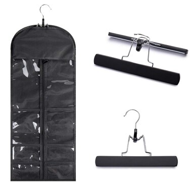 Hairro Portable Hair Extensions Carrier with Front Pockets Non-woven Dust-proof Storage Case with Wooden Hanger for Human Hair Extensions, 26 Inch Natural Black