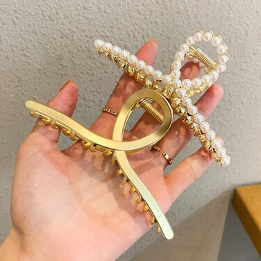 2Pcs Matte Gold Pearl Gold Large Metal Hair Claw for Women with Pearls Non-Slip Hair Clips Thick Hair Threaded Gold Claw Clips Shining Strong Crab Claws Cross Hair Barrettes for Long Hair Woman