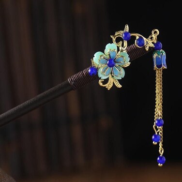 Blue Chinese Japanese Vintage Wooden Hair Stick with Flower and Tassel - Retro Hairpin Chopsticks for Wedding, Party, and Hanfu Hair Styling