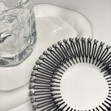 Black Circular Stretch Diamond Flexible Headband, Korean Hair Accessory With Comb Teeth