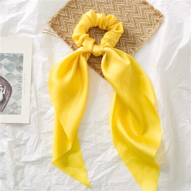 Yellow Women Girl Bow Satin Ribbon Ponytail Scarf Hair Tie Rope Scrunchies Elastic Band Hair Scrunchies Bands Elastics and Ties Beauty and Personal Care Hair Care, Hair Accessories