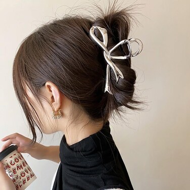 Metal Silver Hair Clips Claw for Women for Thick Hair Barrettes for Hair Styling Hair Clips Claw Ribbon Bow Design Hair Accessories, Non-slip Hair Decorations Thanksgiving Gifts, Clips and Barrettes