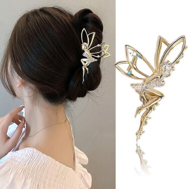 Metal Rhinestone Hair Clips for Girls - Fairy Hair Claws, Gold Claw Barrettes, Crystal Hairpins for Thick Hair, Elf and Shark Clips - Women's Hair Accessories