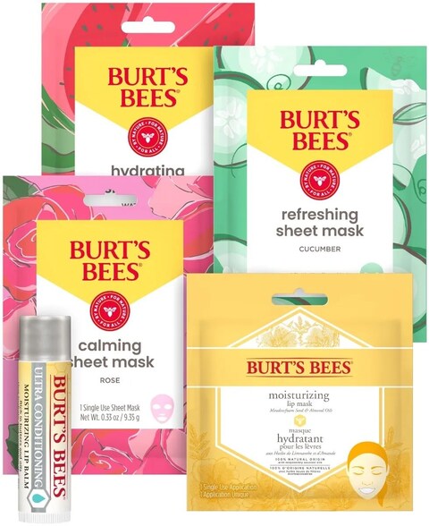 Burt&#39;s Bees Mask Bundle: Lip Balm, Lip Mask and Face Sheet Mask Gift Set, 5 Pieces, Rose