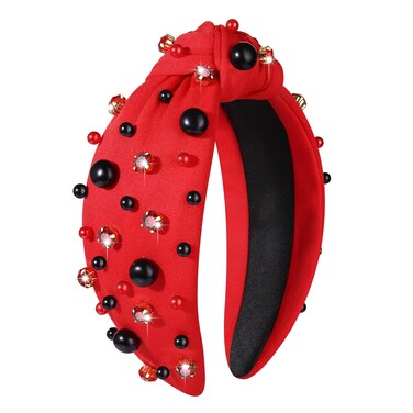 Pearl Knotted Headband for Women Football Game Day Hair Accessories with Rhinestone Jeweled Top Bow Hairband