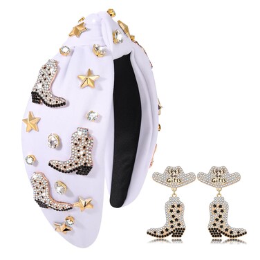Western Cowgirl Knotted Headband Sparkly Rhinestone Jeweled Embellished Top Knot Headband Headpiece Rodeo Nashville Bachelorette Party Cowboy Boots Star Charms Wide Twist Hairband Hair Accessories