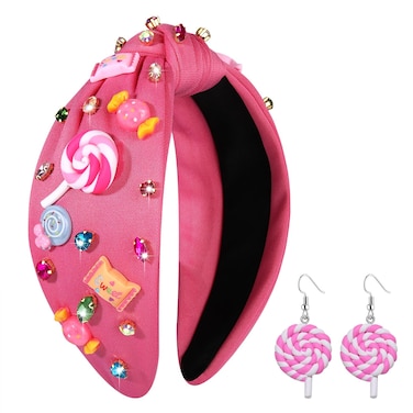 Knotted Headband for Women Gummy Bear Lollipop Candy Crystal Embellished Top Knot Hairband Funny Gifts for Girls Sister Bff (Lollipop Candy Headband)