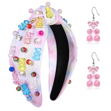 Knotted Headband for Women Gummy Bear Lollipop Candy Crystal Jeweled Embellished Top Knot Hairband Statement Wide Turban Hair Hoop Funny Gifts for Girls Sister Bff Birthday Holiday Party