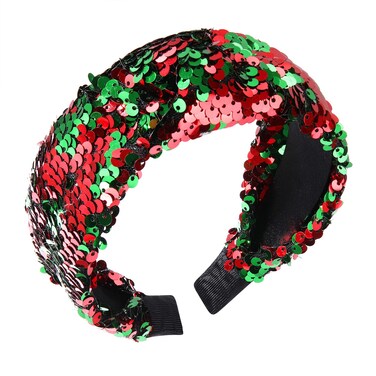 Christmas Headband Knotted Headbands for Women Red Green Sequin Top Knot Hairband Statement Wide Turban Hair Hoop Funny Xmas Holiday Party Hair Accessories Gift for Girls Sister Mom Bestie