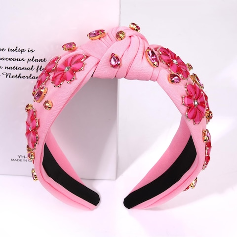 Flower Knotted Headband Spring Pink Rhinestone Crystal Jeweled Flowers Top Knot Headband Boho Party Bride White Headband Summer Beach Hair Accessories Gift for Women Girls