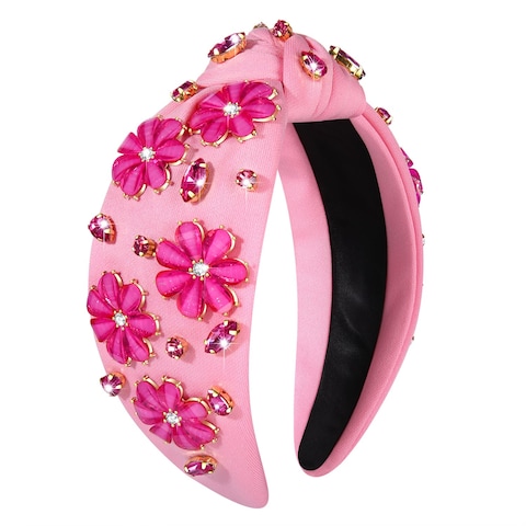 Flower Knotted Headband Spring Pink Rhinestone Crystal Jeweled Flowers Top Knot Headband Boho Party Bride White Headband Summer Beach Hair Accessories Gift for Women Girls