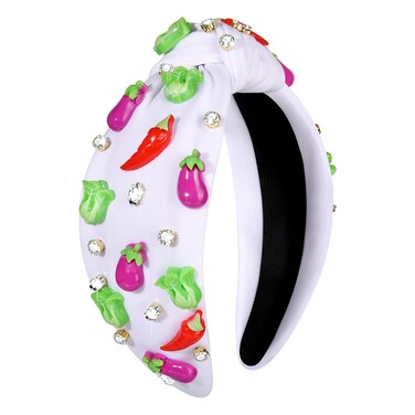 Fruit Headbands for Women Girls Eggplant Greens Chili Vegetable Knotted Headband Summer Beach Headwear Hair Accessories (Vegetable-White)
