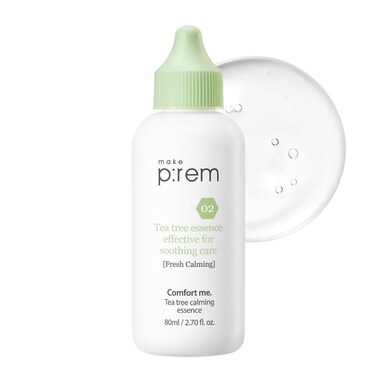 [make p:rem] Comfort me. Tea tree calming essence   soothing essence   lightweight and watery essence   Quick-Absorbing   essence for sensitive skin   80ml, 2.70 fl.oz.   MAKEP:REM makeprem