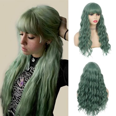 Green Long Curly Wavy Wigs for Women Synthetic Wig Heat Resistant Hair with Bangs for Party Cosplay Halloween Daily Use