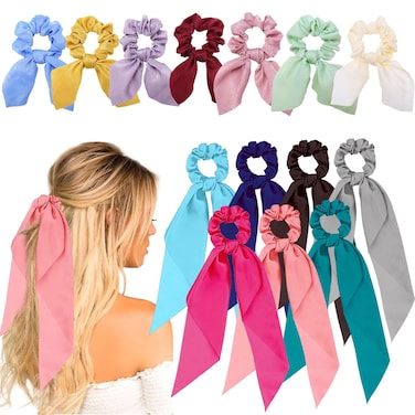 14 Pieces Hair Scarf Scrunchies, Satin Scrunchies with Bow Hair Ties, Bunny Ear Hair Bands Bowknot Hair Accessories for Women Girls